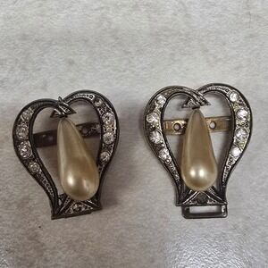 Vintage Art Deco Heart Rhinestone Faux Pearl Dress Shoe Clips Silver Tone Pair